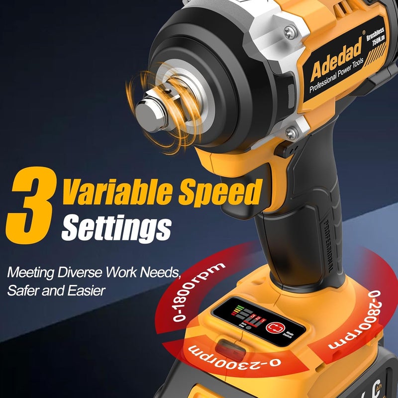 Adedad 1/2 inch Brushless Impact Wrench 750N.m(553 Ft-lbs) 20V High Torque Impact Gun with 2x4.0AH Battery and Fast Charger Cordless Impact Driver for Car,Construction,Building,DIY - Image 4